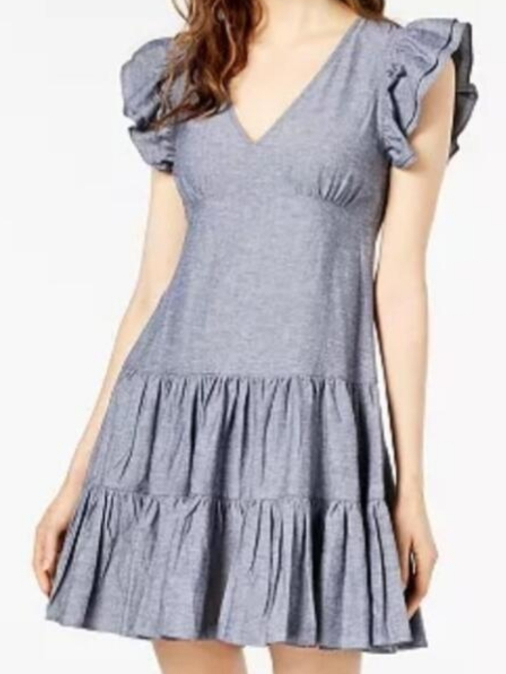 JILL JILL STUART dark wash chambray ruffle tiered mini dress sz M